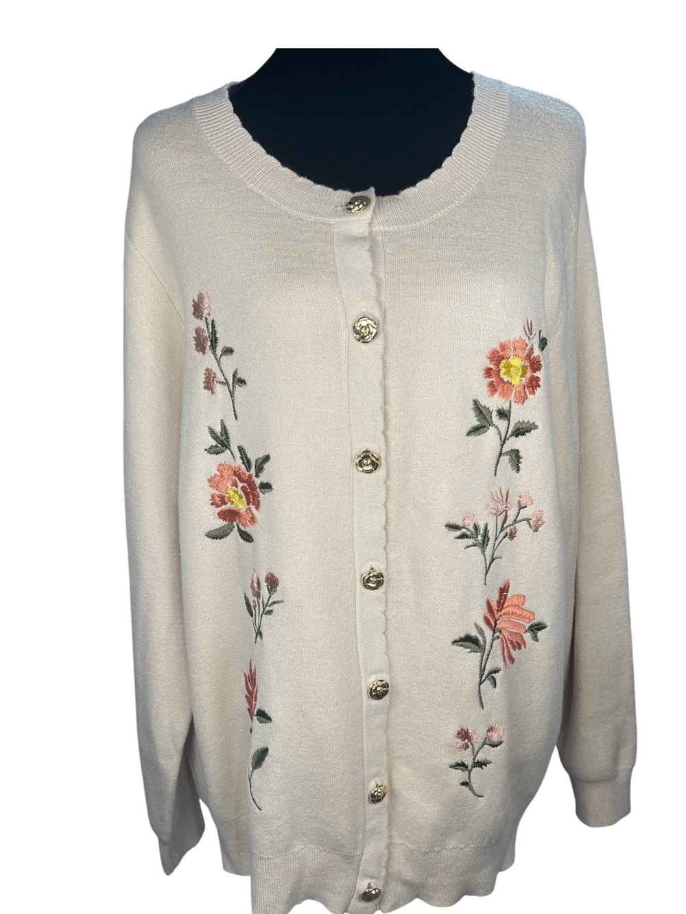 Tahari Cream Floral Embroidered Button-Front Cardigan